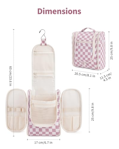 Narwey Small Checkered Hanging Travel Toiletry Bag for Women, Travel Bag for Toiletries, Makeup Bag Organizer Cosmetic Bags Make Up Bags for Women (Dusty Rose Checkerboard) - color: C-Dusty Rose Checkerboard, size: Medium