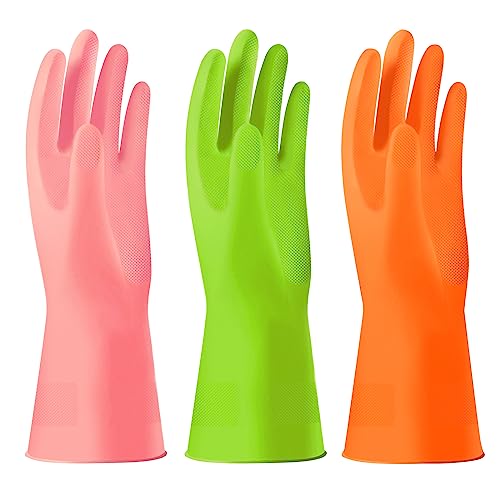 Alimat PluS 3 Colors Rubber Dishwashing Gloves Without Liner, Reusable Cleaning Gloves Latex Free, Waterproof Household Cleaning Gloves for Laundry, Gardening(Large) - color: Pink+green+orange, size: Large (Pack of 3)
