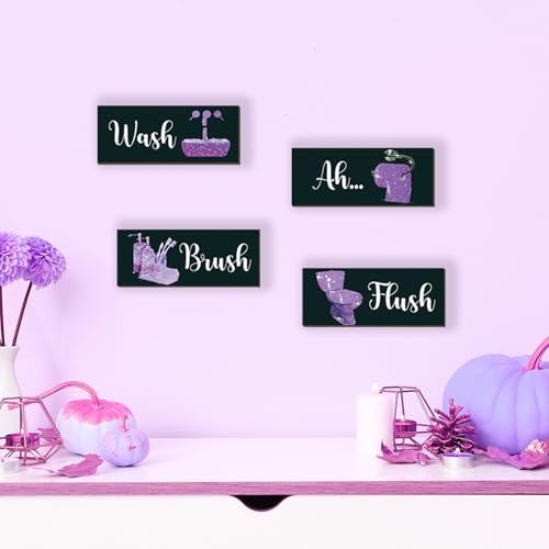 4 Pcs Purple Bathroom Decor Funny Purple And Black Wall Art Wooden Bathroom Accessories Modern Glitter Sign for Home Toilet(10x4 Inch) - color: Purple, size: 10 X 4 Inch