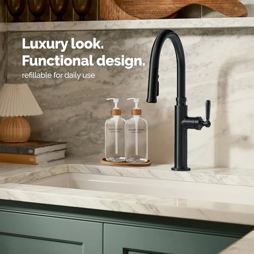 Vine Creations Clear Glass Soap Dispenser Set, Hand Soap and Dish Soap Dispenser Set with Bamboo Tray, 16 oz Glass Dispensers Bottle for Kitchen and Bathroom Decor Modern Boho with Bamboo Pump (Clear) - color: Clear