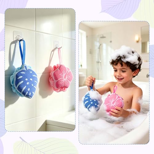 2PCS Shower Loofah Sponge, Hawaiian Floral Bath Pouf with Soft Mesh, Gentle Body Scrubber for Shower and Bath, Tropical Bathroom Accessories for Women and Men - color: Blue Pink-a