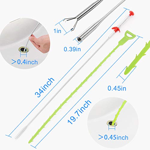 Snake Drain Hair Clog Remover Tool,34 Inch Stainless Steel Claw and 3 Pack 19. 7 Inch Plastic Sink Unclogger Tool, Sink Drain Cleaner for Kitchen, Tub Toilet (3+1) - style: Green 3pcs Sink Snake+Steel Claw