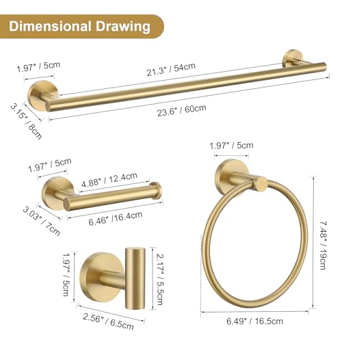 Lairuier 5 Pieces Brushed Gold Bathroom Accessories Set, 23.6 Inch Bath Towel Bar Set, SUS304 Stainless Steel Bathroom Hardware Set Round Toilet Paper Holder Set Wall Mounted - color: Brushed Gold, size: 5-Piece Standard Set