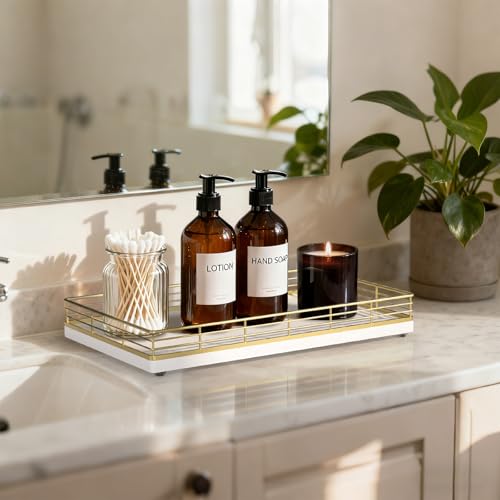 Bathroom Vanity Tray, 13" x 8" Oak Decorative Wooden Tray for Countertop | Large Bathroom Vanity Organizer, Wood Tray for Perfume, Skincare & Accessories Storage, Vanity Dresser Decor, Gold & White - color: Gold & White, size: 13" x 8" x 2"