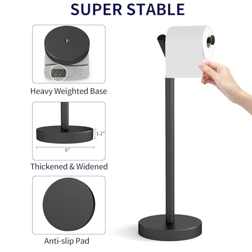 STWWO Toilet Paper Holder Free Standing, Matte Black Toilet Paper Stand 21.7" H, Stainless Steel Tissue Roll Holder for Bathroom, Heavy Weighted Base