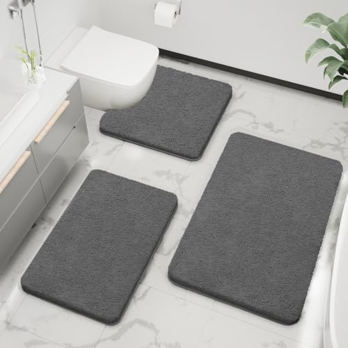 Bathroom Rugs Sets 3 Piece Extra Soft and Absorbent Microfiber Bath Rugs, Plush Shaggy Luxury Mat with Rubber Backing, Machine Wash Dry, Bath Mats for Bathroom Floor, Tub and Shower, Deep Grey - color: Deep Grey