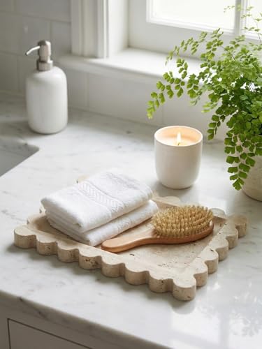 Denique Natural Travertine Tray with Scalloped Edge, 10.8x8 Rectangle Vanity Tray for Bathroom Kitchen Countertop, Beige Decorative Stone Storage Tray for Dresser Home Decor