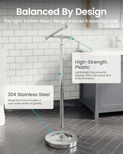 Freestanding Toilet Paper Holder, Weighted Base, No Springs, Chrome | Pivoting arm — just lift, reload, no springs. No drilling. 304 stainless steel, rustproof. Fits mega rolls, 25.6 inches. - color: Chrome