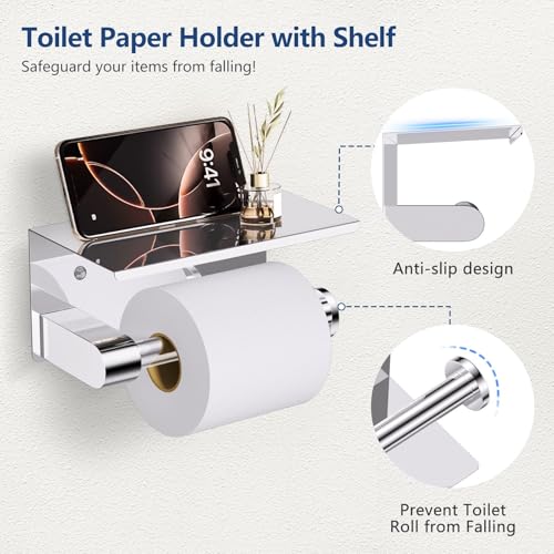 TQKAG 5 Piece Bathroom Towel Bar Holder Sets Polished Chrome Bathroom Hardware Set Stainless Steel Toilet Paper Holder with Shelf Bathroom Accessories Kit Wall Mounted - color: Polished Chrome, size: 5-Pieces Set-A