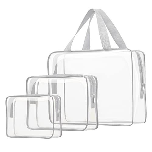 3pcs Clear Cosmetic Bags, TSA Approved Toiletry Bag Set Crystal Clear Travel Beach Essentials Bag Organization PVC, Clear Makeup Bags Luggage Pouch Carry on Airport Airline Compliant Bag Women Men - color: 3pcs Gray-1 large, 1 medium, 1 small