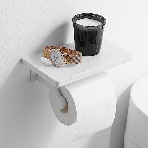 Hoimpro White Aluminum Toilet Paper Holder with White Natural Marble Shelf, Wall Mounted Tissue Hand Paper Roll Storage Holder for Bathroom Kitchen Washroom Bedroom - color: White