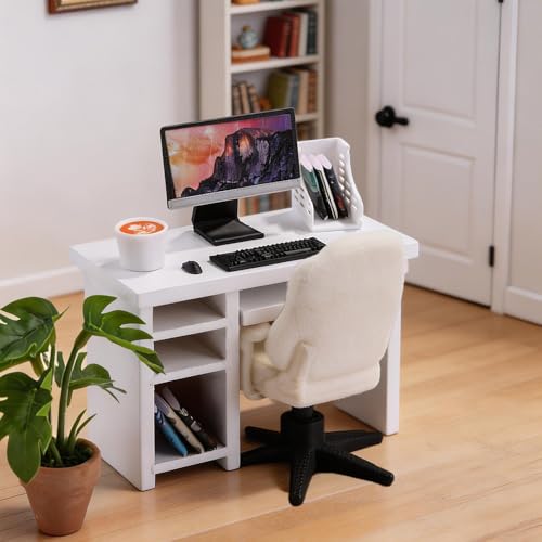 DIYDEC 1:12 Scale Miniatures Office Desk Set 14pcs Dollhouse Office Including Mini Computers Desks Office Chair Keyboard Mouse Folder Books Potted Plants for Tiny Stuff Dollhouse Figurines - color: Dollhouse Office Desk