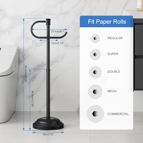 RUMOSE Toilet Paper Holder Stand for Floor, Matte Black Bathroom Free Standing Toilet Tissue Roll Holder with Storage, Adjustable 17-25 Inch, SUS304 Stainless Steel - color: Matte Black