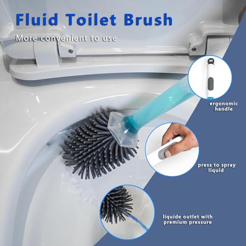 Silicone Toilet Brush and Holder Set, 2 Pack Bendable Scrubber for Curved Rim, Non-Scratch Drip-Resistant Brush with Built-in Sprayer, Space Saving Bathroom Essentials (2)