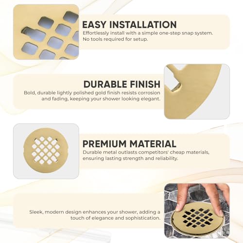 4 ¼” Brushed Light Gold Snap-in Shower Drain Cover - Gold Replacement - 4.25" OD Shower Drain Strainer - Easy Install - Premium Round Shower Drain Cover - Solid Brass Construction - color: Light Gold