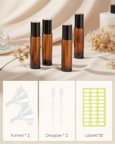 Worldgsb 12 Pack Essential Oil Roller Bottles, 10ml Refillable Amber Glass Roller Bottles with Stainless Steel Roller Balls and Caps for Travel, Perfume and Lip Gloss - color: Amber, style: 12 Pack
