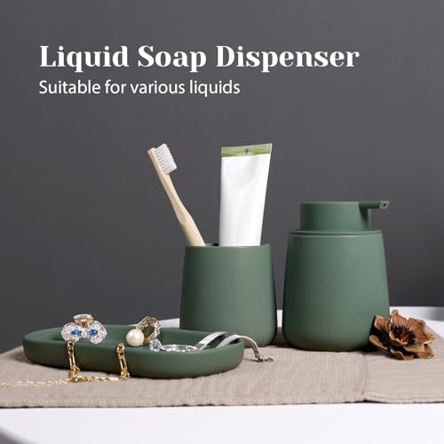 INGOFIN 3 Pcs Ceramic Bathroom Accessory Set - Liquid Soap Dispenser, Toothbrush Holder & Tray, Bathroom Counter Set, Countertop Essentials for Home, Guest Bathroom, or Office Use, Matte Green - style: Liquid-Matte Green