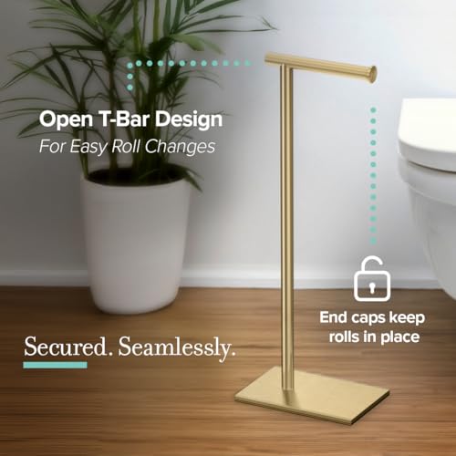 Gatco 1431B Freestanding Toilet Paper Holder Stand, Modern Bathroom Toilet Tissue Holder with Weighted Rectangle Base, Brushed Brass Finish, 22.25 Inch - color: Brushed Brass, 22.25"h