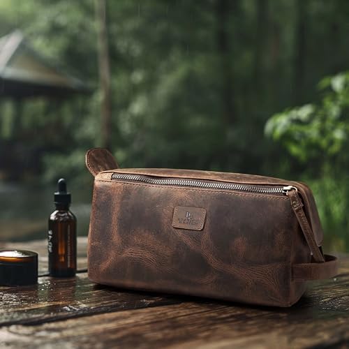 Full Grain Leather Toiletry Bag for Men & Women – Water-Resistant Travel Shaving Kit Organizer with YKK Zipper, Spacious Bathroom Grooming & Cosmetic Storage Case - Walnut Brown - color: Distressed Brown