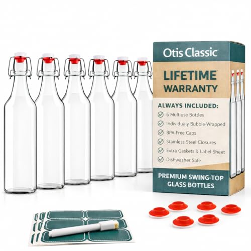 Otis Classic Clear Swing Top Glass Bottles, Plastic Caps, Set of 6, 16oz | Marker & Labels Included, Plastic Cap BPA Free, For Juice, Water, Kombucha, Wine, Beer Brewing, Kefir Milk, Eggnog - color: 1. Clear - Plastic Lids