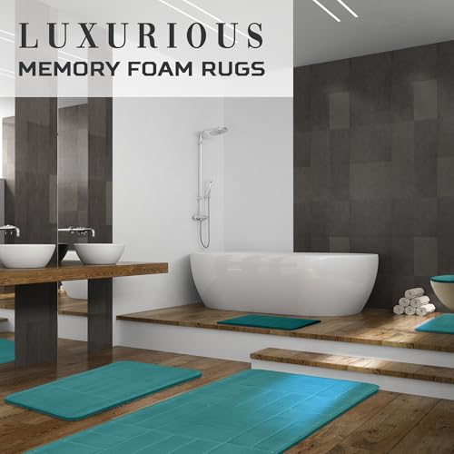 Bathroom Rug Set 5 Piece - Memory Foam Bathroom Mat Set, Soft and Comfortable, Non-Slip Thick Absorbent Bath Mats, Machine Washable, Aqua Teal - color: Aqua Teal/ Line Design