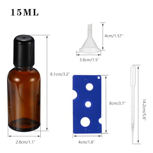 15ML Roller Bottles for Essential Oil, 4 Pack Empty Amber Glass Roller Bottle for Perfume Oil, Roll on Bottles with Stainless Steel Roller Balls, Opener, Funnel and Dropper - size: 15ml_4pcs