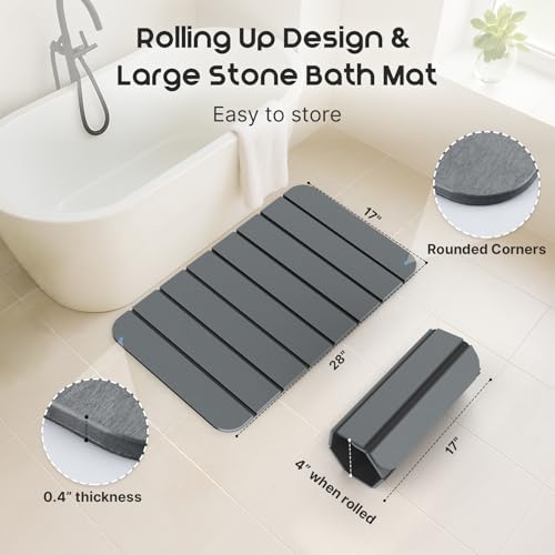 ArtyCozy Large Foldable Stone Bath Mat 28''×17'' with Non-Slip Rubber Base, Super Absorbent Quick Drying Diatomaceous Earth Mat for Bathroom, Easy to Store, Easy to Clean, Grey