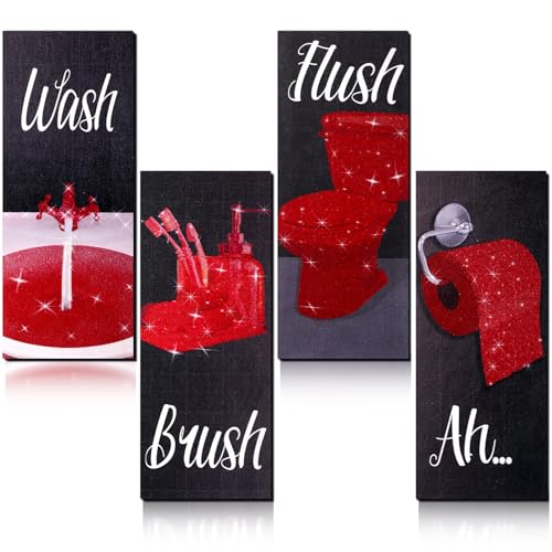 Chinco 4 Pcs Women Funny Wall Art Bathroom Decor 9.84 x 3.94 x 0.2 Inch Glam Bathroom Wall Decor Modern Women Funny Bath Wood Hanging Decoration for Home(Red) - color: Red