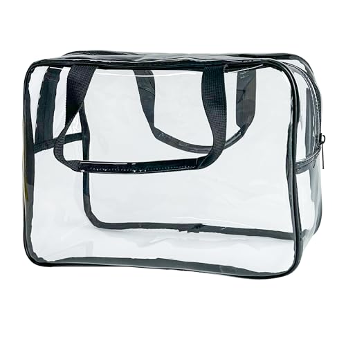 PVC Clear Pure Color Transparent Large Zipper Cosmetic Pouch Travel Makeup Cosmetic Bag with Handle for Travel Bathroom Toiletry Organizer (Clear+Black Handle) - color: Clear+Black Handle