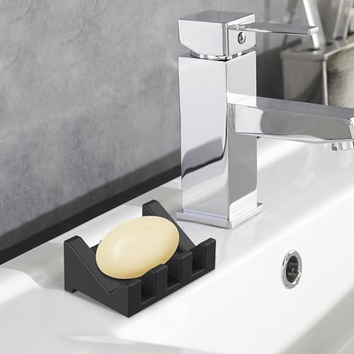 Silicone Soap Dish Set,3PCS Self Draining Soap Holder for Bar Soap | Self draining silicone soap dish with drainage,waterfall design keeps bar soap dry,extended soap holder for shower,bathroom - color: 1gray,1black,1green