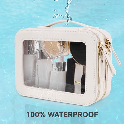 Prite Double Layer Makeup Bag for Women Portable Clear Makeup Bag Cute Waterproof Travel Cosmetic Bag with Gold Zipper for Car Essentials(Beige) - color: Beige, size: Standard - Double Layer