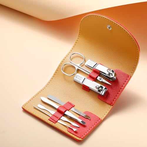 12 Set Manicure Set Bulk Mini Manicure Nail Clipper Kit 7 in 1 Stainless Steel Professional Nail Care Pedicure with Travel Portable Bag Grooming Kits for Women Men Home(Red) - color: Red