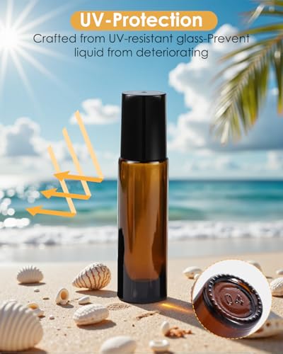 Worldgsb 25 Pack Essential Oil Roller Bottles, 10ml Refillable Amber Glass Roller Bottles with Stainless Steel Roller Balls and Caps for Travel, Perfume and Lip Gloss - color: Amber, style: 25 Pack