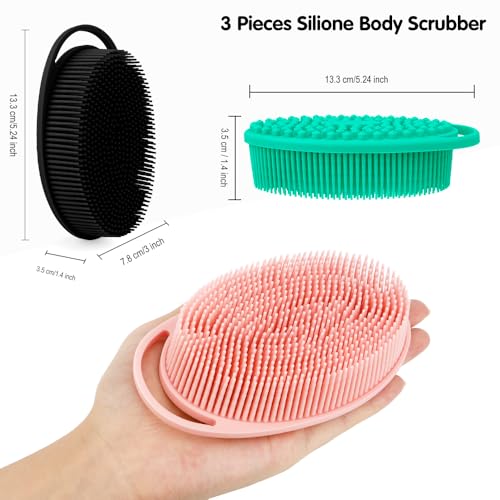3 Pack Silicone Body Scrubber, Silicone Loofah Exfoliating Soft Body Scrubber, Silicones Body Brush Bath Shower Scrubber for Body, 2 in 1 Bath and Shampoo Wash Brush for Skin Exfoliation Men Women - size: With Handle Black+Pink+Green