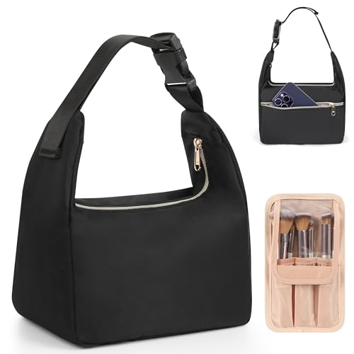 Relavel Portable Makeup Bag for Travel, Cosmetic Shoulder Bag with Removable Buckle, Compact Toiletry Organizer Storage with Accessories, Separate Makeup Brush Compartment for Daily Use - color: 03-Black, size: MEDIUM