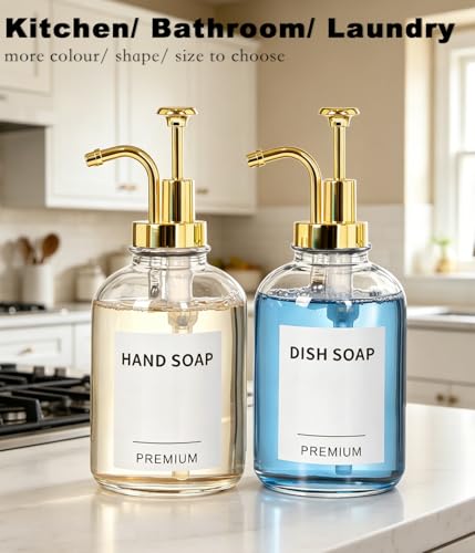 12oz Dish Soap Dispenser for Kitchen, Hand Glass Soap Dispenser Set with Pump, Tray, Funnel for Bathroom, Shower, Laundry, Liquid, Lotion (Gold 2 Pack Clear Bottles with 12 Stickers) - color: Gold, size: 12Oz
