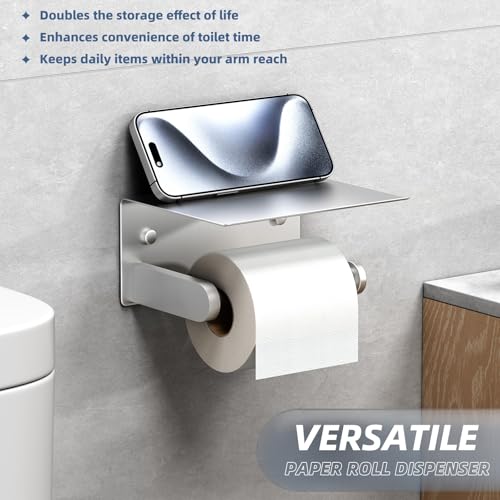 Toilet Paper Holder with Phone Shelf, APLusee SUS 304 Stainless Steel Bathroom Tissue Holder, Wall Mounted Roll Paper Dispenser, Brushed Nickel - color: Brushed Nickel, size: Single Rod