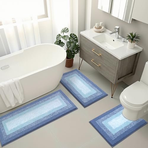 Bsmathom Microfiber Bathroom Rugs Sets 3 Piece, Non-Slip Absorbent Bath Mats, Soft Shaggy Bathroom Rugs with U-Shaped Toilet Rug Machine Washable Bath Rugs, Light Blue - color: Light Blue, size: 18"x26"+18"x48"+U Shape 20"x24"