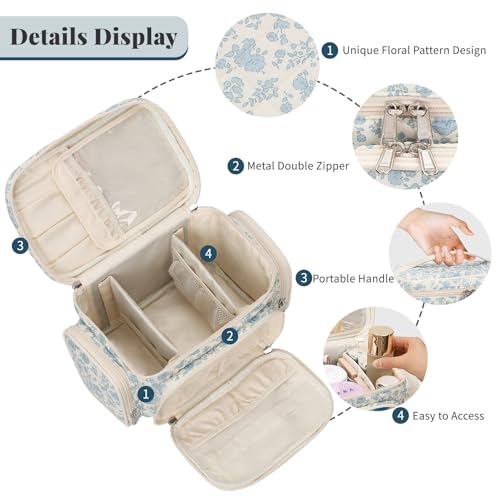 Bagmoly Large Cotton Makeup Bag, Quilted Floral Makeup Bag Organizer for Women Girls with Makeup Brush Compartment & Two Side Pockets, Cosmetic Travel Bag Vertical Storage- Blue Flower - color: 01-Blue Flower, size: Medium