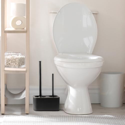 Blue Donuts Toilet Brush and Plunger Set with Holder, Sleek Minimalist Modern Black Bathroom Accessories Toilet Plunger and Toilet Bowl Brush Combo - color: Black