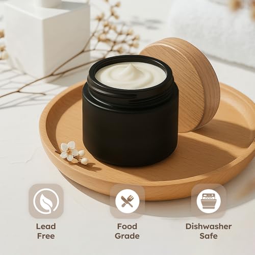 2 oz Matt Black Glass Jars with Lids, 3 Pack Small Glass Containers with Plastic Woodgrain Lids & Inner Liners, Empty Reusable Airtight Cosmetic Containers for Tea, Coffee, Creams, Lotion, Spice - color: Black