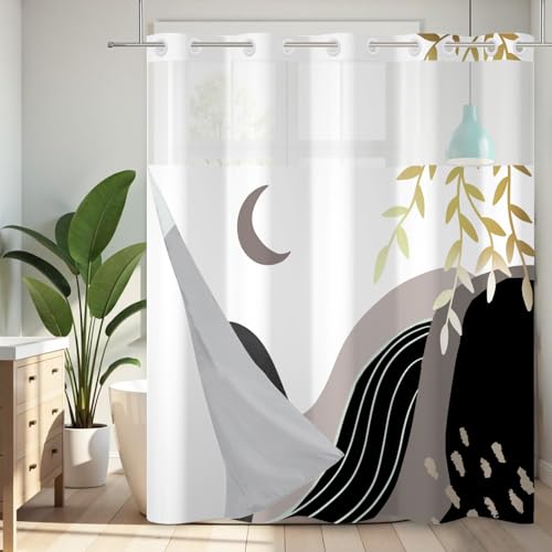 No Hook Shower Curtain Mid Century Boho with Snap in Liner, Hotel Grade Abstract Modern Shower Curtains Set for Bathroom, Spa Like Bath Curtain, Gray, 71" W x 74" L - color: 01 Mid Century - Gray, size: 71"W x 74"L (Pack of 1)