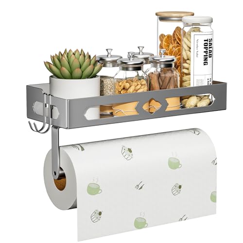 Stylish Kitchen Paper Towel Holder with Shelf - Adhesive Hand Towel Holder for Bathroom Wall Mount, Rust-Resistant Matte Grey Finish for RV Toilet Paper Holder Rack, Easy One-Handed Operation Design - color: Gray