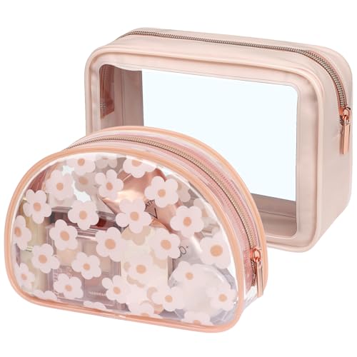 PACKISM Clear Makeup Bag Foldable - TSA Approved Toiletry Bag for Travel | Metal Zipper, Reinforced Seam, Water Resistant, Medium for Carry-on, Large for Checked Luggage, for Car Storage Organizer - color: 2 Pack Pink Floral Print, size: Hybrid Traveler (