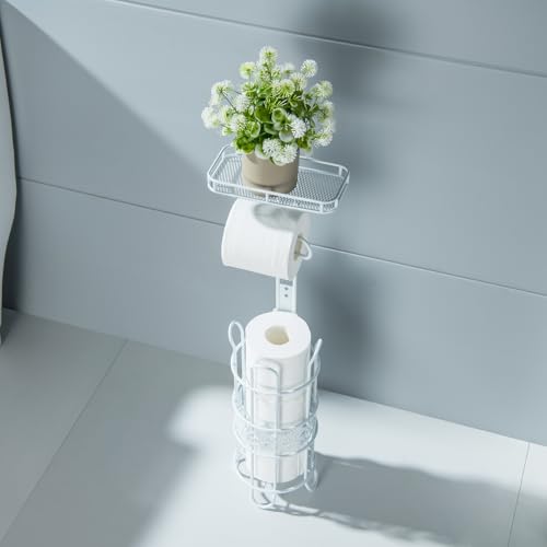Toilet Paper Holder Free Standing, Adjustable Height, Tissue Paper Roll Dispenser with Shelf for Bathroom Storage Holds Reserve Mega Rolls White - color: White