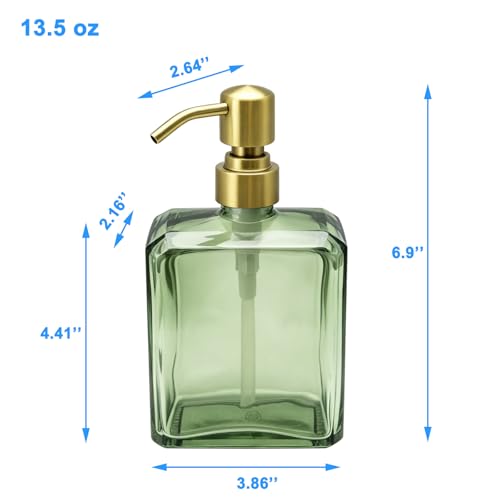 Green Glass Soap Dispenser Square 13.5 oz Hand Soap Dispenser | Rectangular, Rust Proof Stainless Steel Pump, Refillable, For Bathroom Vanity & Kitchen Countertop - color: Green Bottle and Brushed Gold Pump, size: 13.5oz-Square