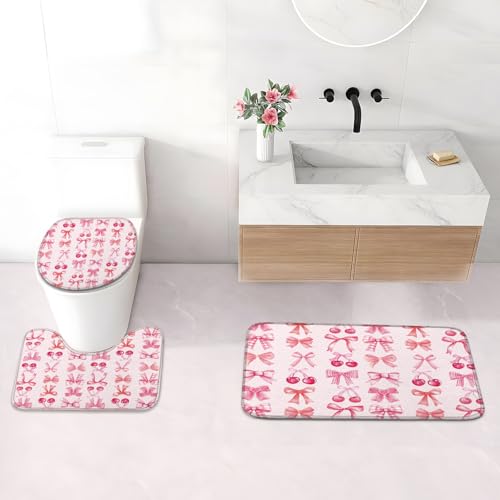 4Pcs Shower Curtain Set, Red Cherry Pink Bow Bathroom Shower Curtain with Rugs and Accessories,with Non-Slip Rugs, Toilet Lid Cover and Bath Mat for Bathroom Decor Set - color: Pink Bow