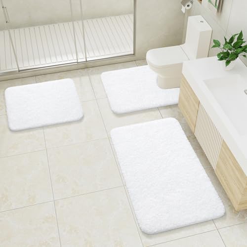 LOCHAS Bathroom Rugs Sets 3 Piece, Microfiber Bath Rug Set Non Slip Washable, Shaggy Toilet Rug Set Absorbent, Soft Cozy Bath Mat Set Quick Dry, White - color: White, size: 30" x 20" + 24" x 17" + U Shape 24" x 20"