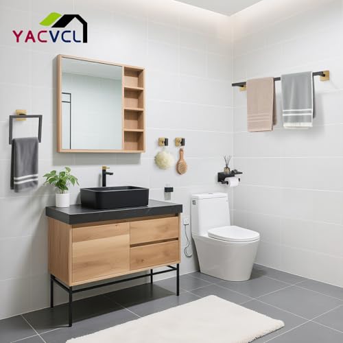 YACVCL 5-Pieces Black and Gold Bathroom Hardware Accessories Set Stainless Steel Bathroom Towel Bar Set Towel Holder Set for Bathroom,Upgraded Toilet Paper Holder with Shelf,Wall Mounted 23.6" - color: Black&gold, size: 5Pcs