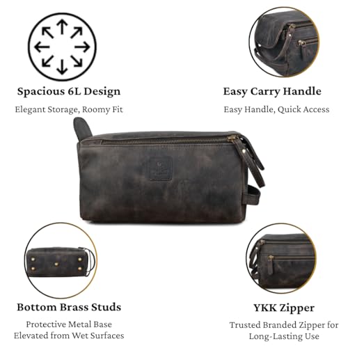 Full Grain Leather Toiletry Bag for Men & Women – Water-Resistant Travel Shaving Kit Organizer with YKK Zipper, Spacious Bathroom Grooming & Cosmetic Storage Case - Chalkboard Grey - color: Charcoal Grey